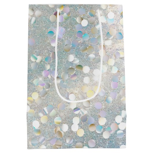 シルバーグリッターパーティーブルーホワイト《写真》ぼけ味誕生日 ミディアムペーパーバッグ (裏面)