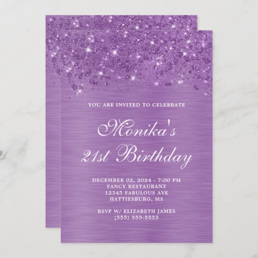 シルバーグリッターパープルはっきりした21歳の誕生日インビタティ 招待状 (正面/裏面)