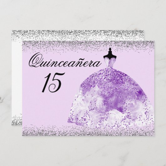 シルバーグリッターパープルガウンキンセアニェラ招待 招待状 (正面/裏面)