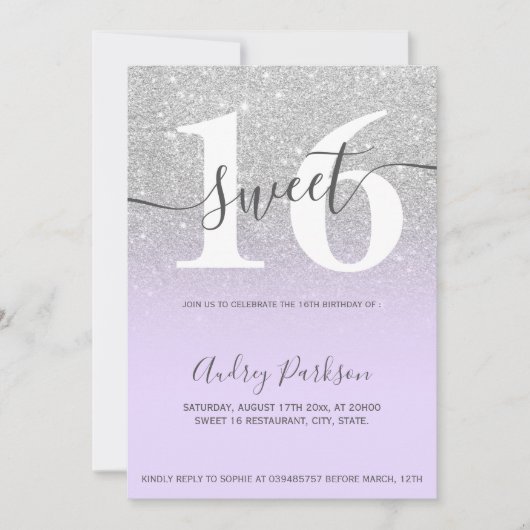 シルバーグリッターパープルグラデーション薄紫ガーリースウィート16 招待状 (正面)