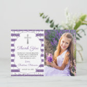 シルバーグリッターパープルストライプファーストコミュニオン サンキューカード (スタンド正面)