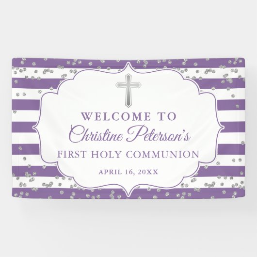シルバーグリッターパープルファースト・ホリー・コミュニオンウェルカム 横断幕 (横)