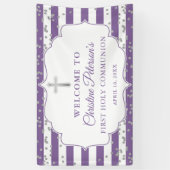 シルバーグリッターパープルファースト・ホリー・コミュニオンウェルカム 横断幕 (縦)