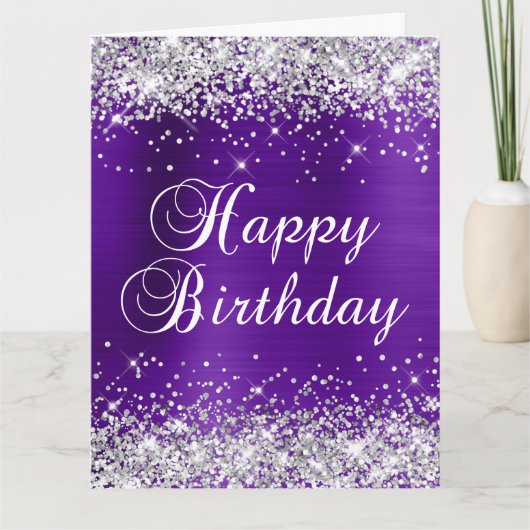 シルバーグリッターパープルフォイルビッグハッピーバースデー カード (正面)