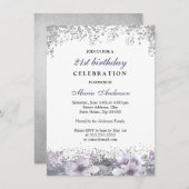 シルバーグリッターパープルフローラ21歳の誕生日招待状 招待状 (正面/裏面)