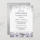 シルバーグリッターパープルフローラ60th誕生日招待状 招待状 (正面/裏面)