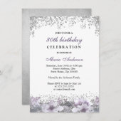 シルバーグリッターパープルフローラ80th誕生日招待状 招待状 (正面/裏面)