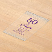 シルバーグリッターパープル50th誕生日パーティー アクリル招待状 (レイダウン)