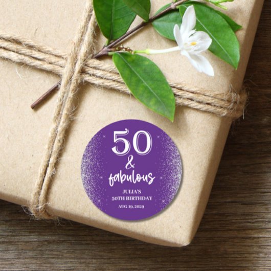 シルバーグリッターパープル50th誕生日パーティー ラウンドシール
