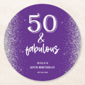 シルバーグリッターパープル50th誕生日パーティー ラウンドペーパーコースター (正面)