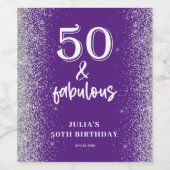 シルバーグリッターパープル50th誕生日パーティー ワインラベル (シングルラベル)