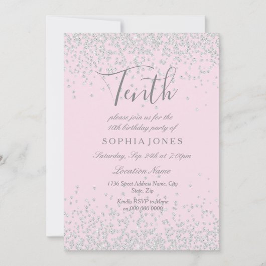 シルバーグリッターピンクガールズ10thバースデーパーティー 招待状 (正面)