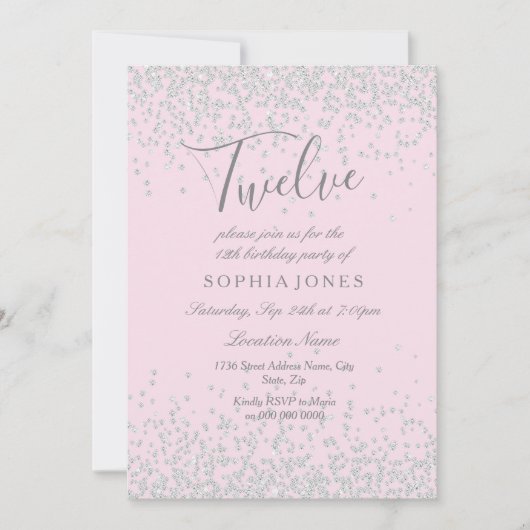 シルバーグリッターピンクガールズ12thバースデーパーティー 招待状 (正面)