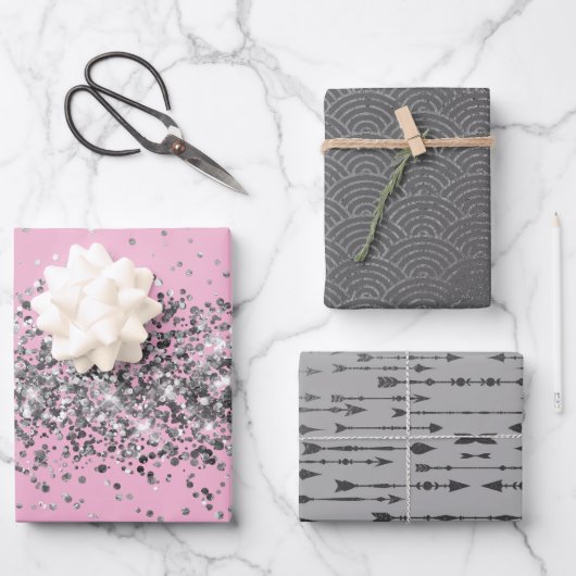 シルバーグリッターピンクシルバーアローシルバーアーチス ラッピングペーパーシート (正面)