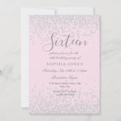 シルバーグリッターピンクスウィート16 16誕生日招待状 招待状 (正面)