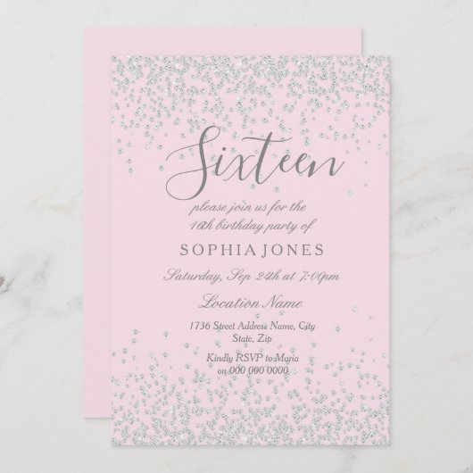 シルバーグリッターピンクスウィート16 16誕生日招待状 招待状 (正面/裏面)