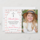 シルバーグリッターピンクストライプ色の聖餐式 サンキューカード (正面)