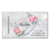 シルバーグリッターピンクフローラメイクアップヘア美しい マグネット名刺 (正面)