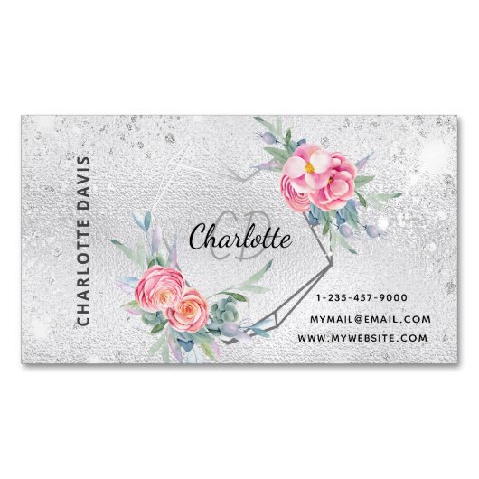 シルバーグリッターピンクフローラメイクアップヘア美しい マグネット名刺 (正面)