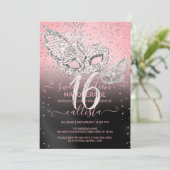 シルバーグリッターピンクブラックマスカレードスウィート16 招待状 (スタンド正面)