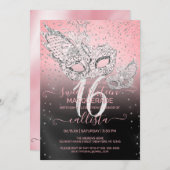 シルバーグリッターピンクブラックマスカレードスウィート16 招待状 (正面/裏面)