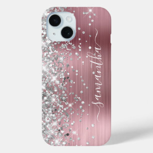 シルバーグリッターピンクホイルモダンガーリーシグネチャー iPhone 15ケース