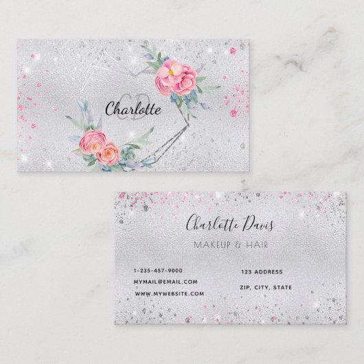 シルバーグリッターピンク花模様メイクヘア美しい 名刺 (正面/裏面)