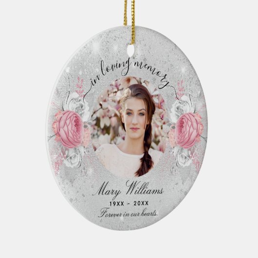 シルバーグリッターピンク花模様写真記念館 セラミックオーナメント (右)