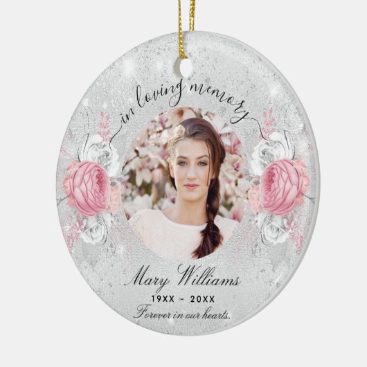 シルバーグリッターピンク花模様写真記念館 セラミックオーナメント (左)
