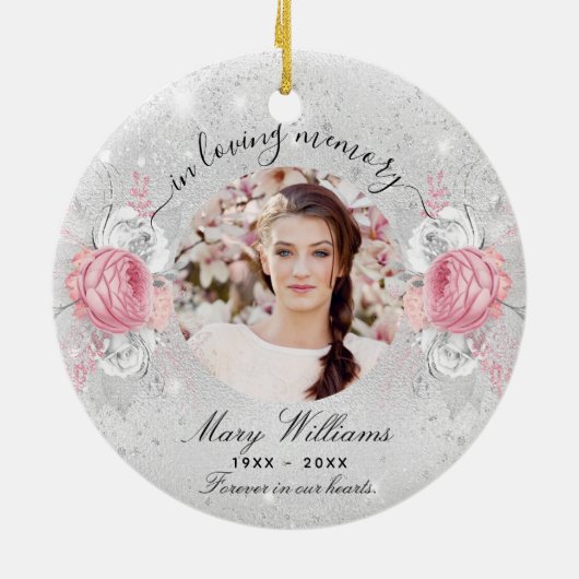 シルバーグリッターピンク花模様写真記念館 セラミックオーナメント (裏面)
