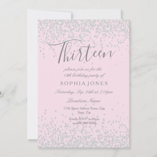 シルバーグリッターピンク13番目の誕生日招待状 招待状 (正面)