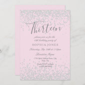 シルバーグリッターピンク13番目の誕生日招待状 招待状 (正面/裏面)