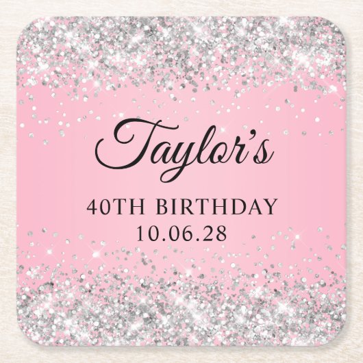 シルバーグリッターピンク40歳 スクエアペーパーコースター (正面)
