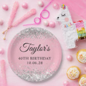 シルバーグリッターピンク40歳 ペーパープレート (パーティー)