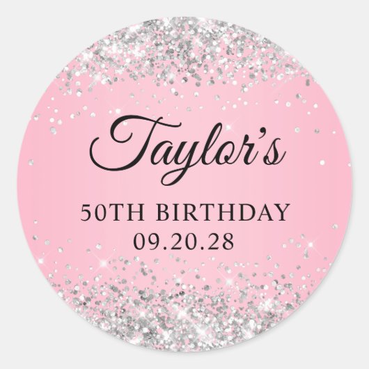 シルバーグリッターピンク50誕生日 ラウンドシール (正面)