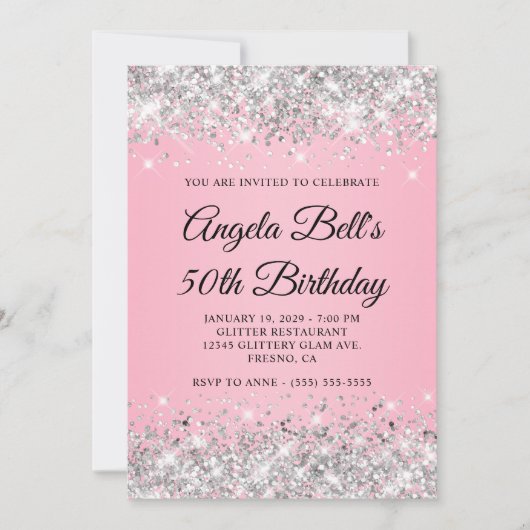 シルバーグリッターファンシーピンクモノグラム50誕生日 招待状 (正面)