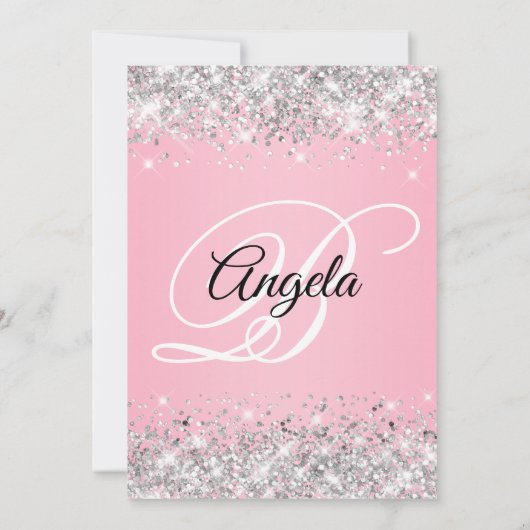 シルバーグリッターファンシーピンクモノグラム50誕生日 招待状 (裏面)