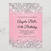 シルバーグリッターファンシーピンクモノグラム50誕生日 招待状 (正面/裏面)