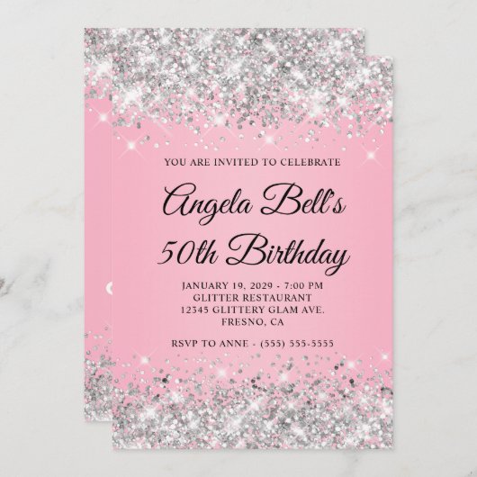 シルバーグリッターファンシーピンクモノグラム50誕生日 招待状 (正面/裏面)