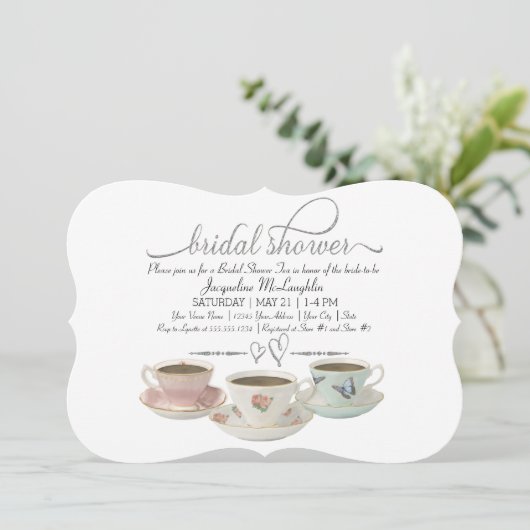 シルバーグリッターフェイクブライダルシャワーティーモダンパーティー 招待状 (スタンド正面)