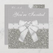 シルバーグリッターフェイク&ホワイトスパークルハート宝石 招待状 (正面/裏面)