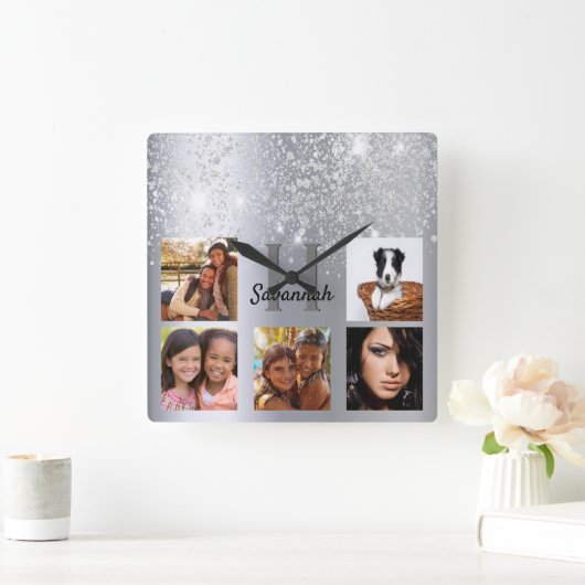 シルバーグリッターフォトコラージグラマラスな名前 スクエア壁時計 (ホーム)