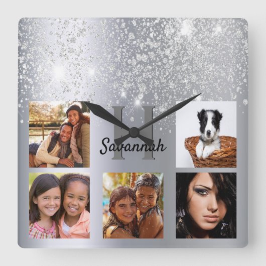 シルバーグリッターフォトコラージグラマラスな名前 スクエア壁時計 (正面)
