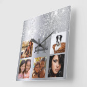 シルバーグリッターフォトコラージグラマラスな名前 スクエア壁時計 (傾斜)