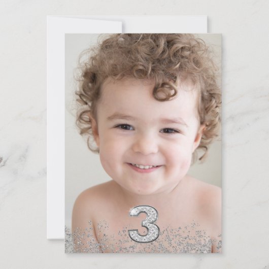 シルバーグリッターフォトボーイズ女の子3rd誕生日パーティー 招待状 (正面)