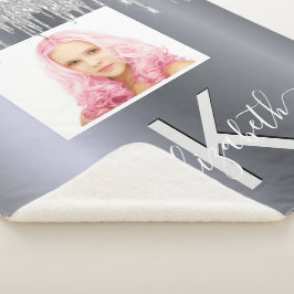 シルバーグリッターフォトモノグラムグラマラス シェルパブランケット