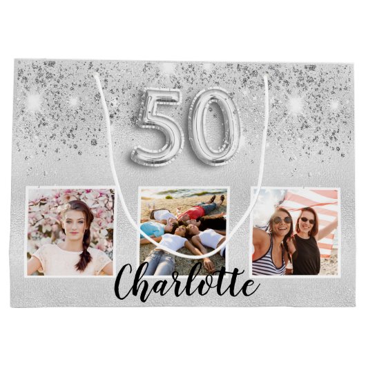 シルバーグリッターフォトモノグラム50歳の誕生日 ラージペーパーバッグ (裏面)