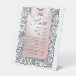 シルバーグリッターフレームピンクボウサービスメニュー 台座サイン
