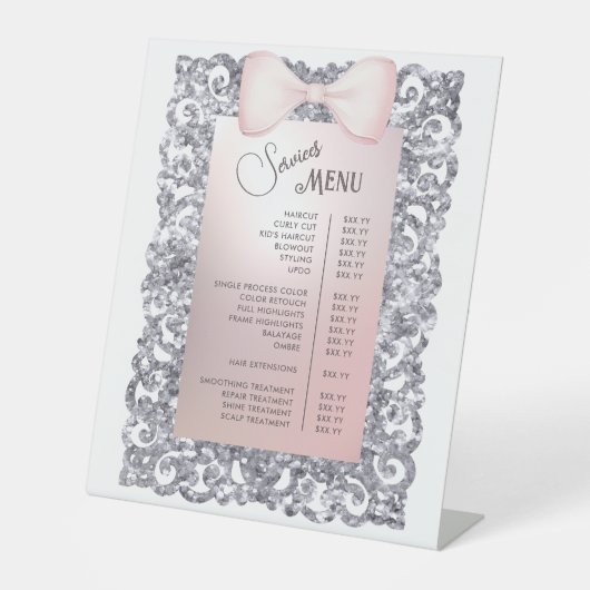 シルバーグリッターフレームピンクボウサービスメニュー 台座サイン (正面)