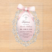シルバーグリッターフレームピンクボウバプテスマ アクリル招待状 (正面)